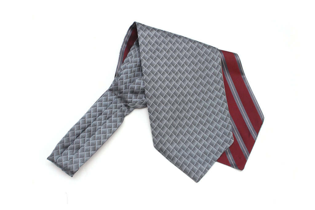 Grey Ornament Maroon Stripe Reversible Silk Ascot
