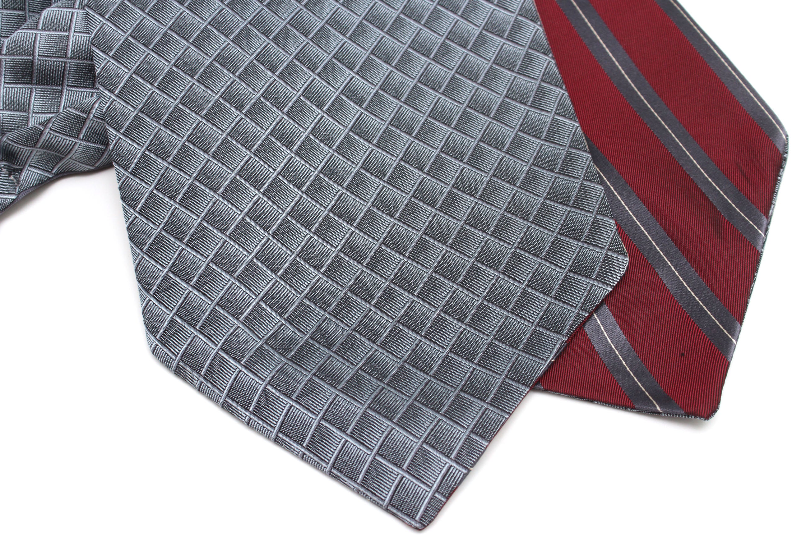 Grey Ornament Maroon Stripe Reversible Silk Ascot