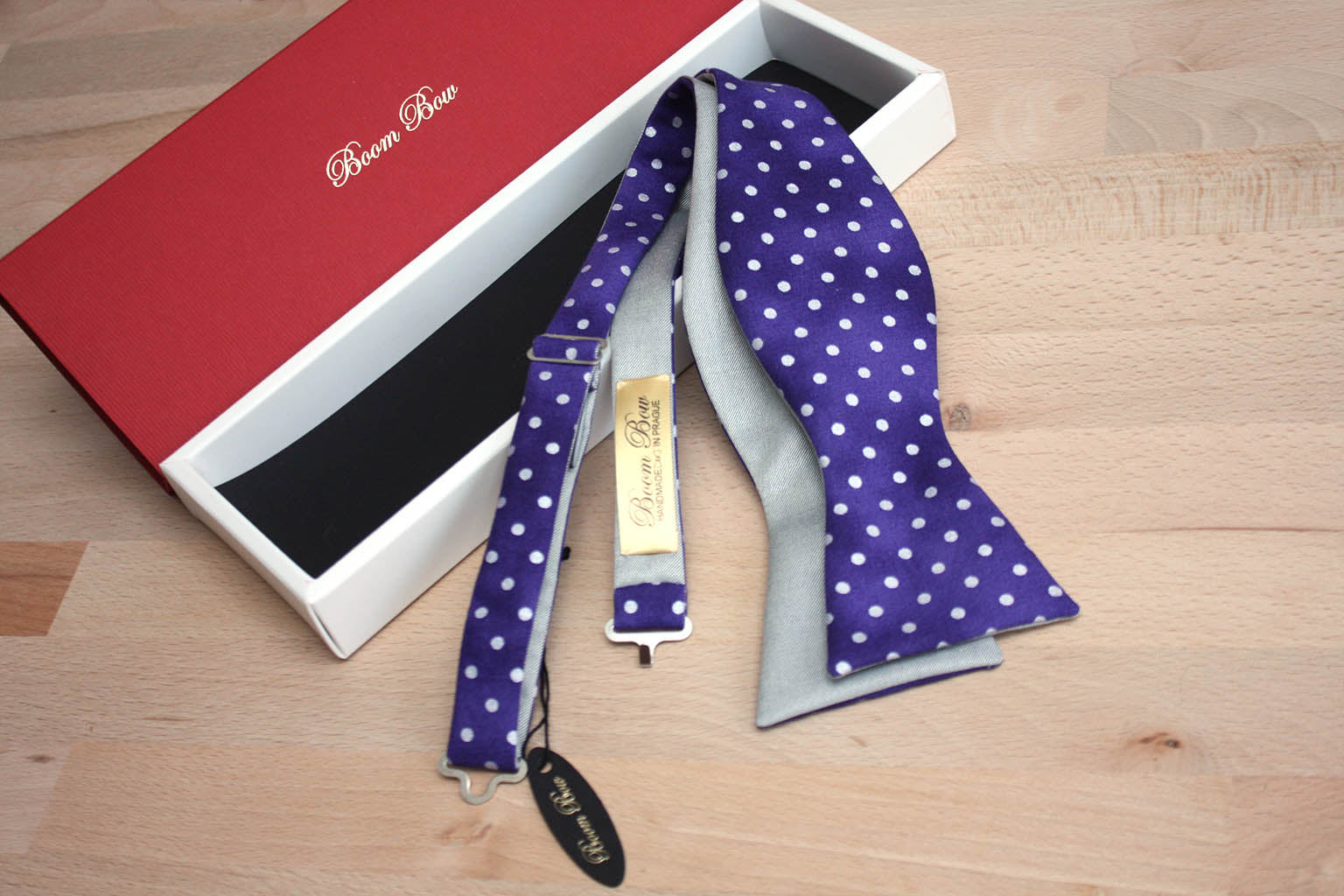 Purple Polka Dot Grey Solid Reversible Self-Tie Bow Tie