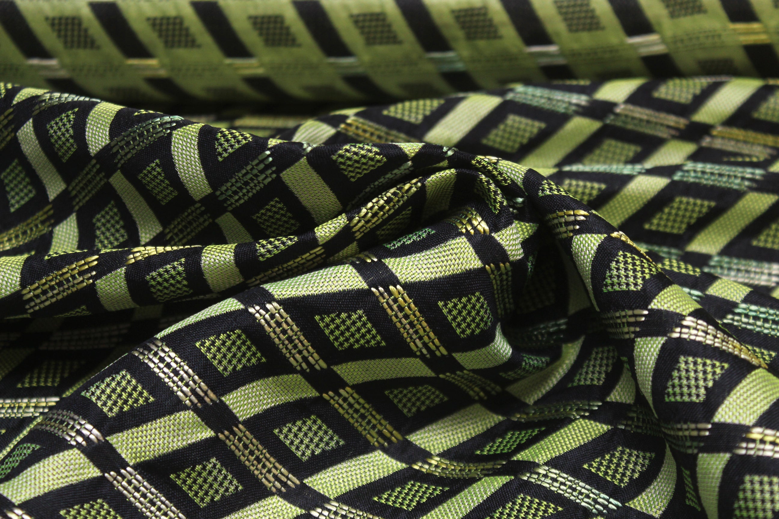 Navy Green Ornament Silk Fabric