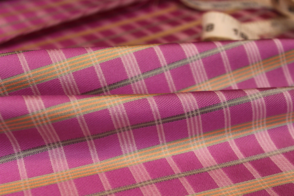 Purple Fuchsia Green Plaid Silk Fabric