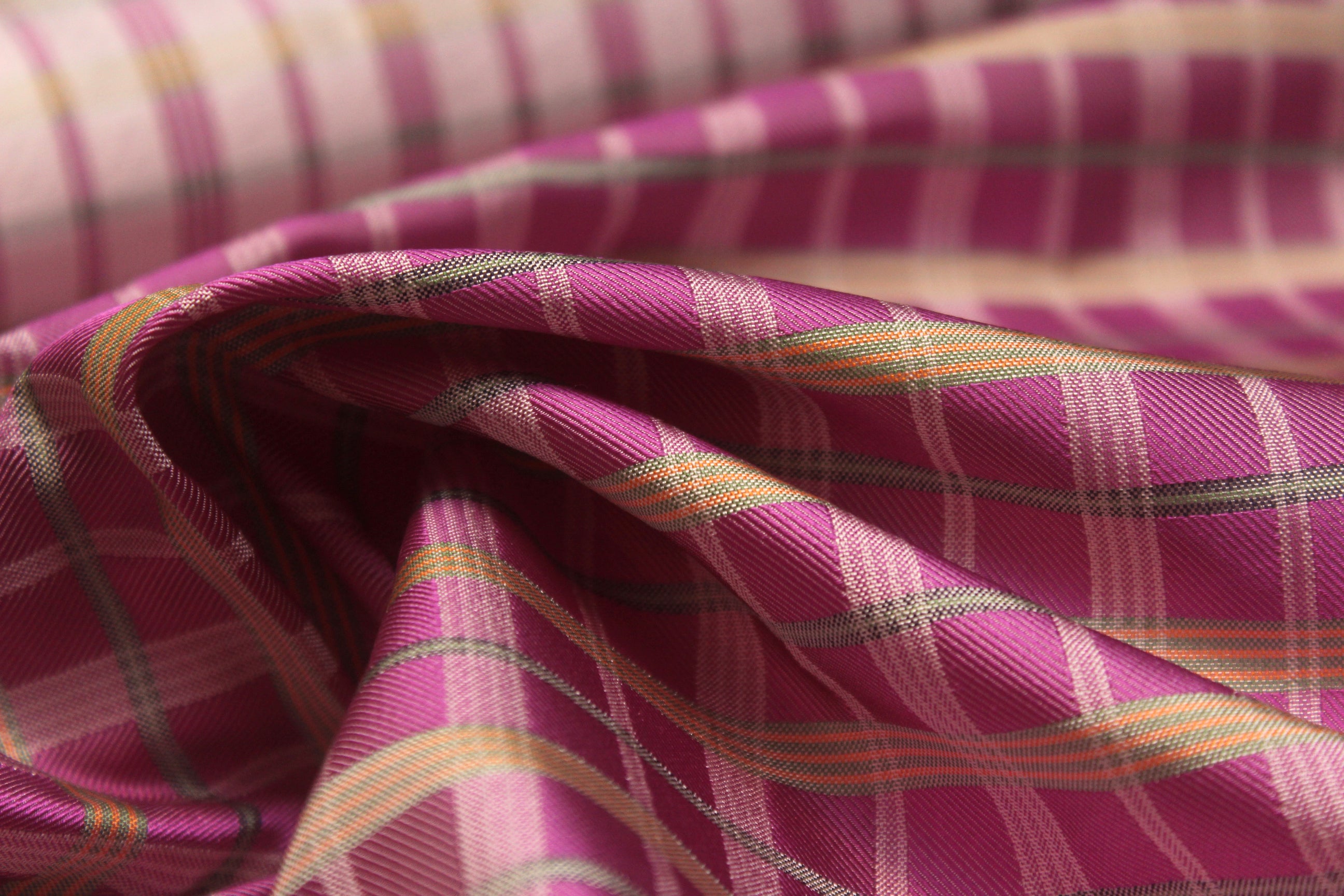 Purple Fuchsia Green Plaid Silk Fabric