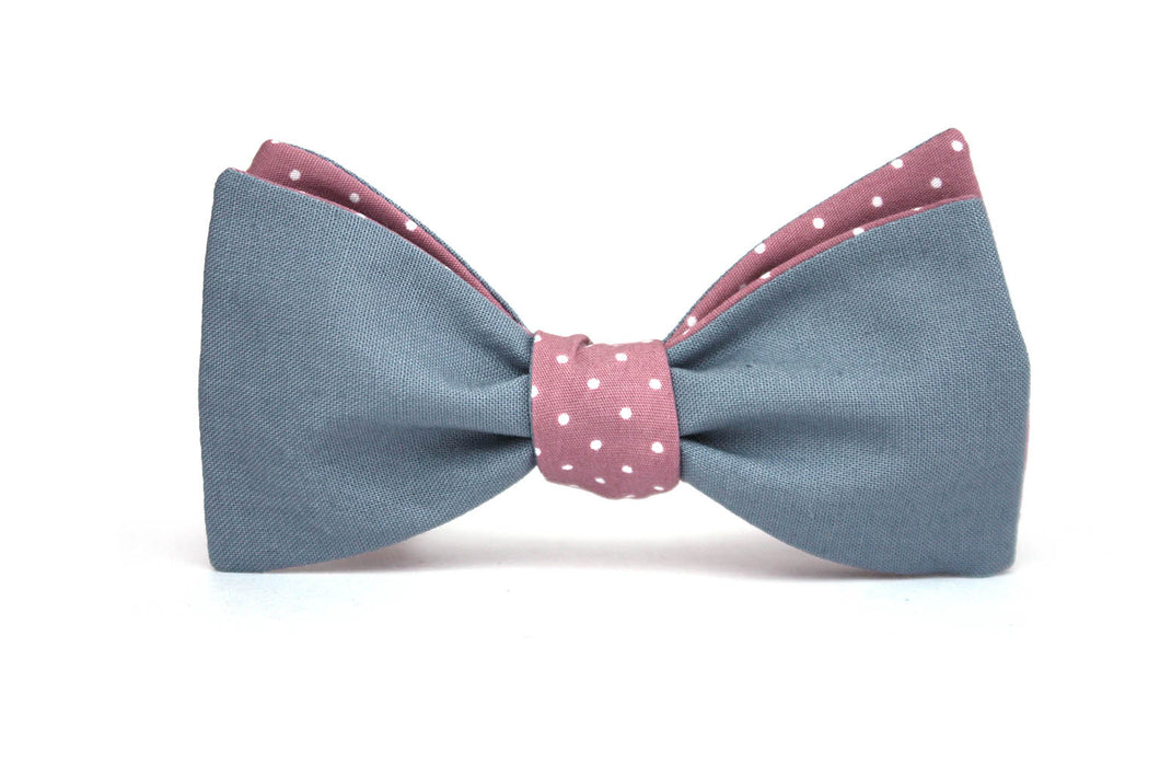 Grey Dusty Rose Polka Dot Reversible Self-Tie Bow Tie
