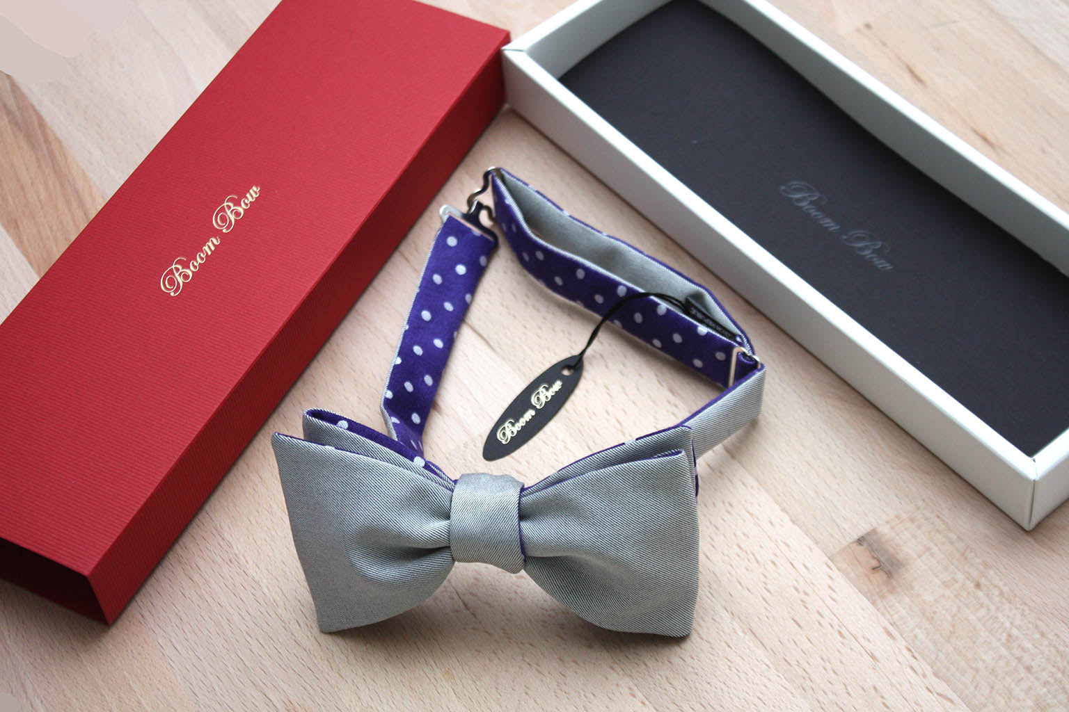 Purple Polka Dot Grey Solid Reversible Self-Tie Bow Tie