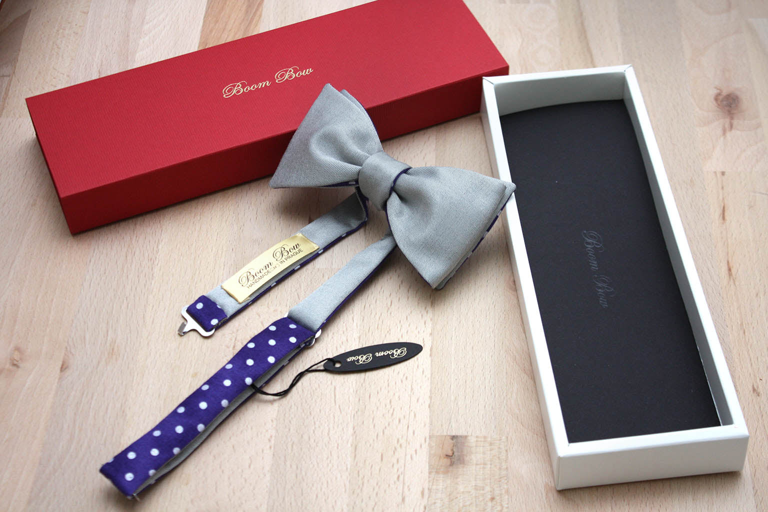 Purple Polka Dot Grey Solid Reversible Self-Tie Bow Tie
