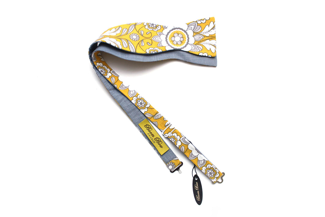 Yellow Paisley Grey Reversible Cotton Self-Tie Bow Tie