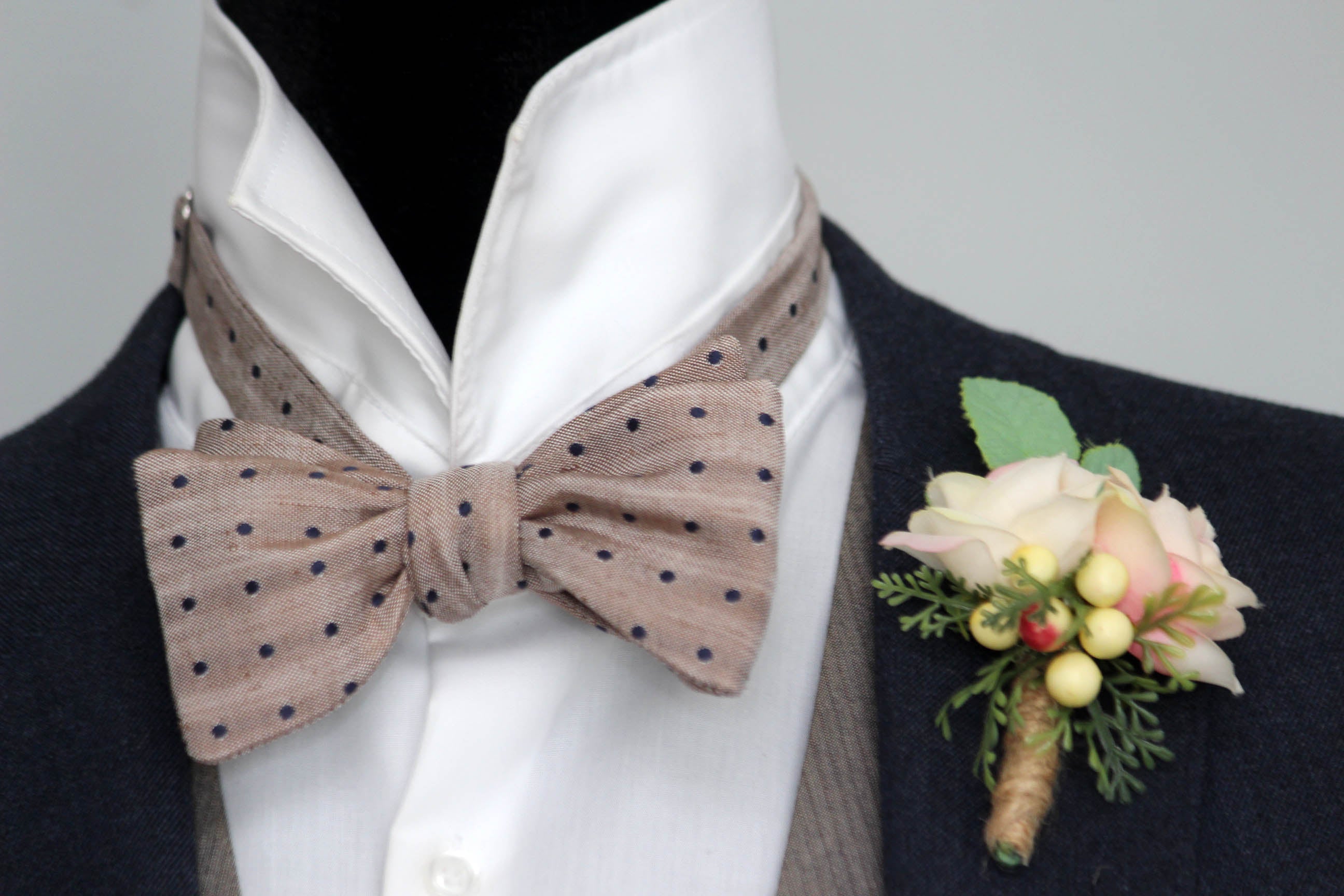 Navy Polka Dot Dusty Brown Silk Self-Tie Bow Tie