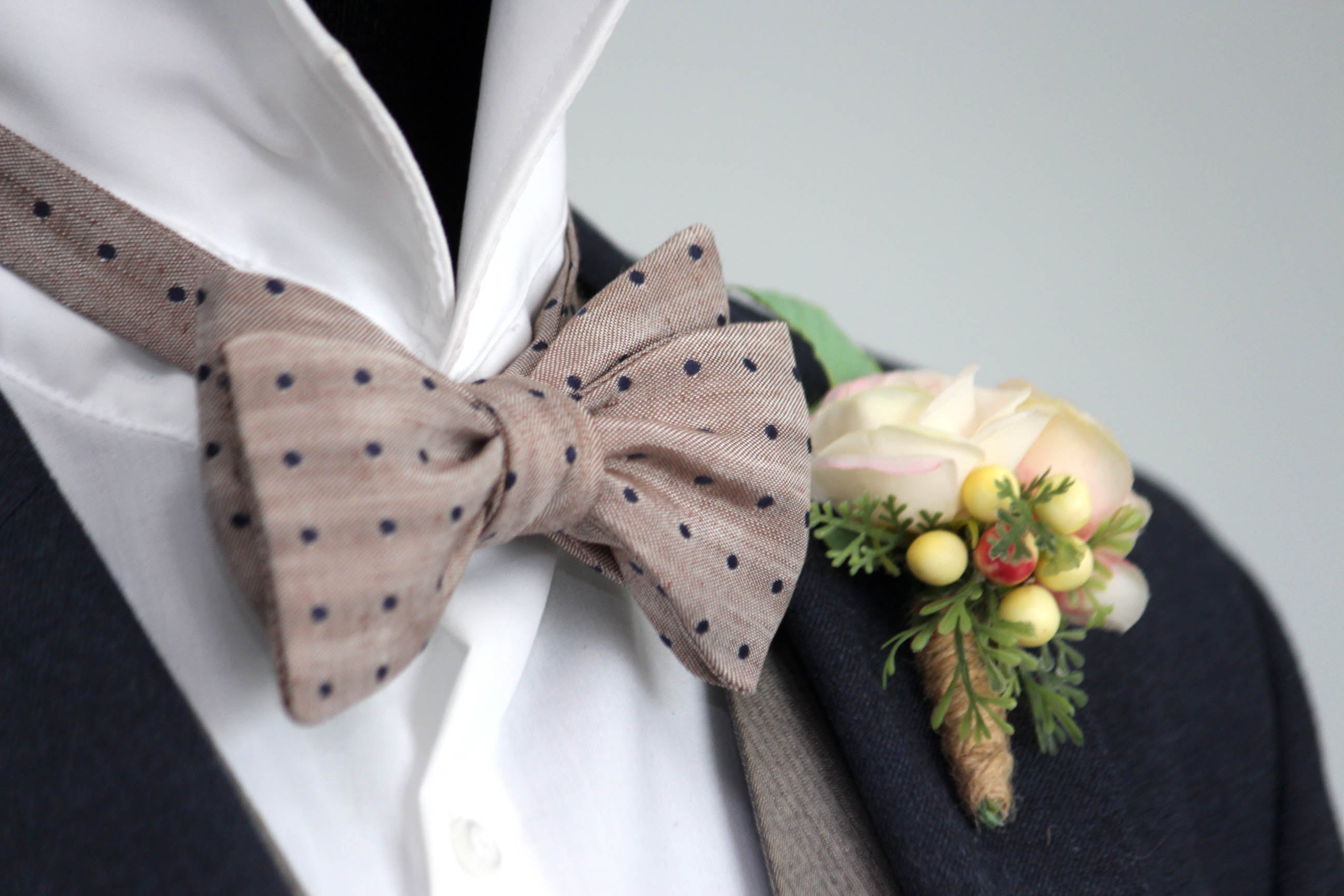 Navy Polka Dot Dusty Brown Silk Self-Tie Bow Tie