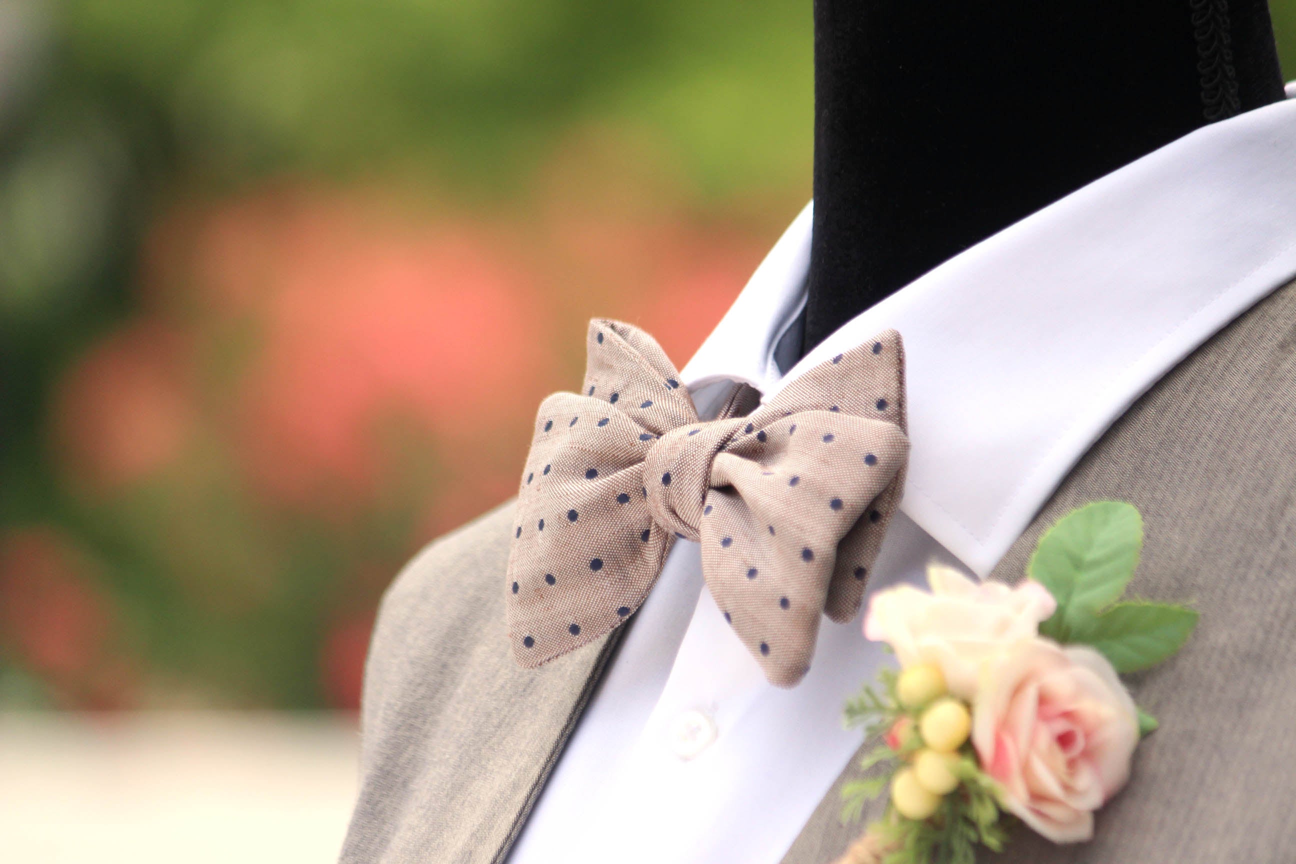 Navy Polka Dot Dusty Brown Silk Self-Tie Bow Tie