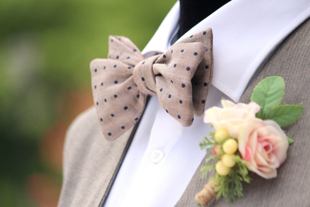 Navy Polka Dot Dusty Brown Silk Self-Tie Bow Tie