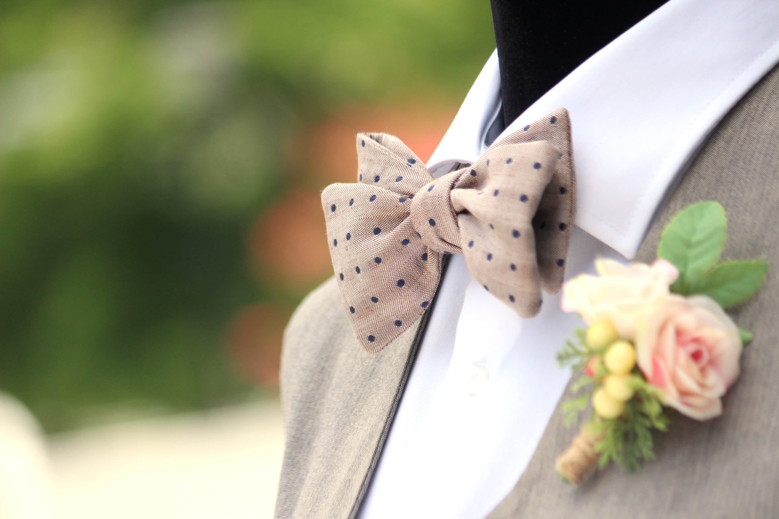 Navy Polka Dot Dusty Brown Silk Self-Tie Bow Tie