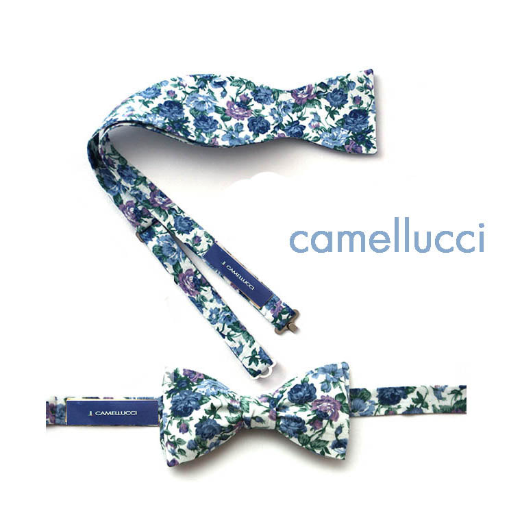 White Blue Floral Self-Tie Bow Tie