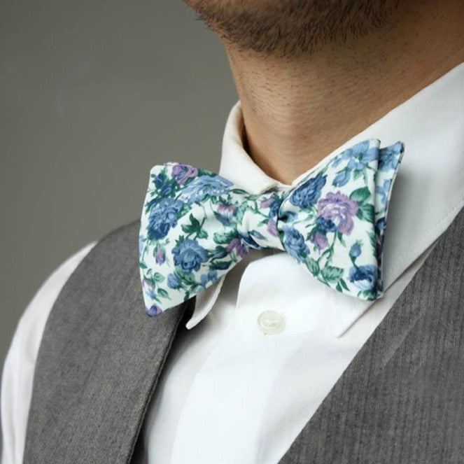 White Blue Floral Self-Tie Bow Tie