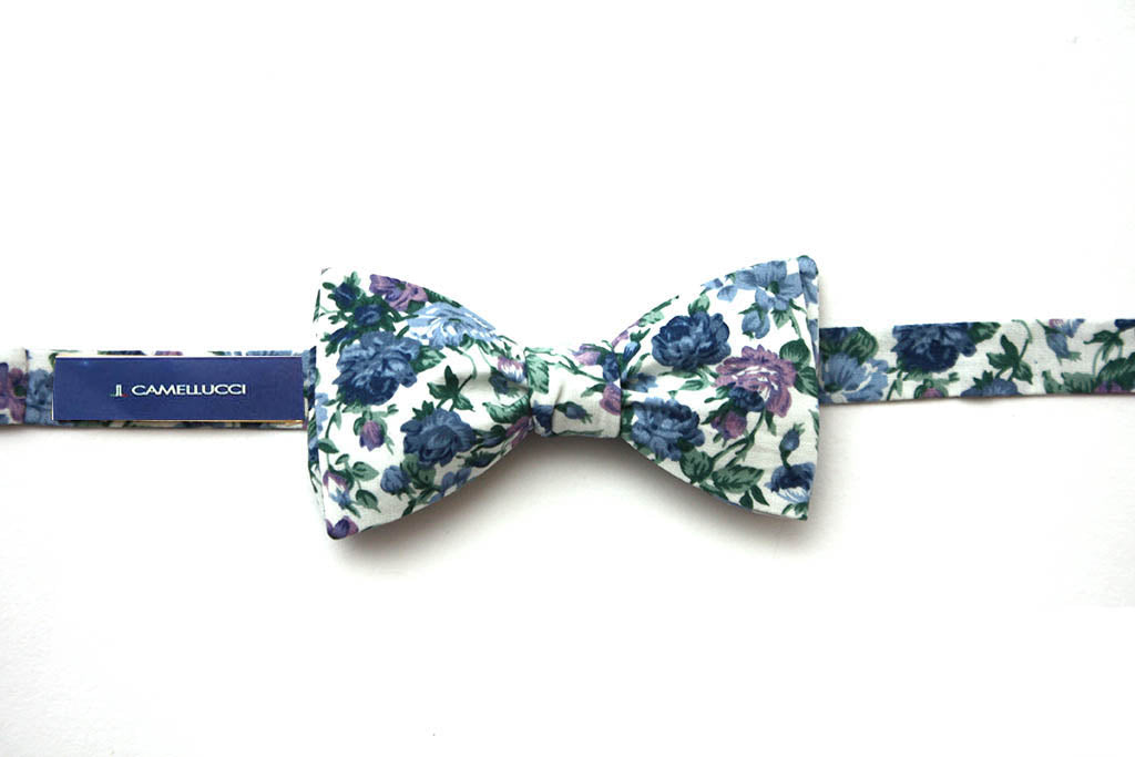 White Blue Floral Self-Tie Bow Tie