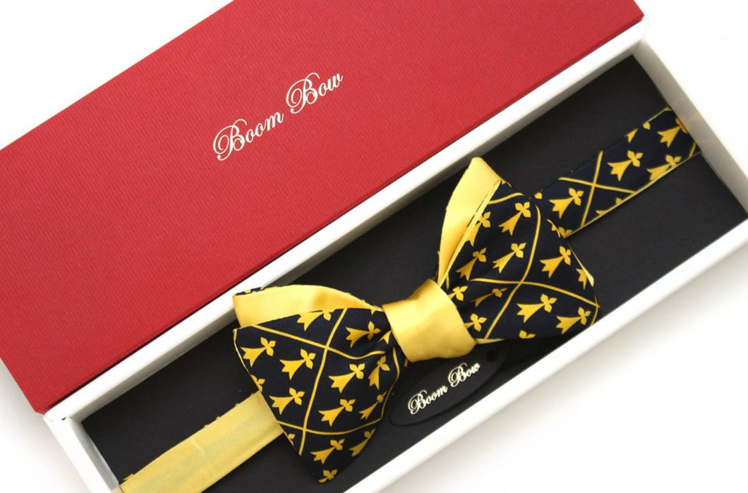 Black Ornament Yellow Silk Reversible Self-Tie Bow Tie