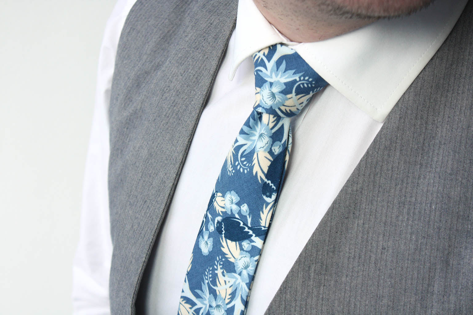 Dusty Blue Birds Floral Necktie