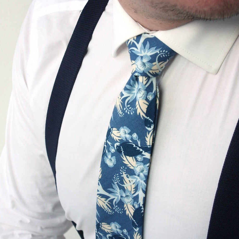 Dusty Blue Birds Floral Necktie