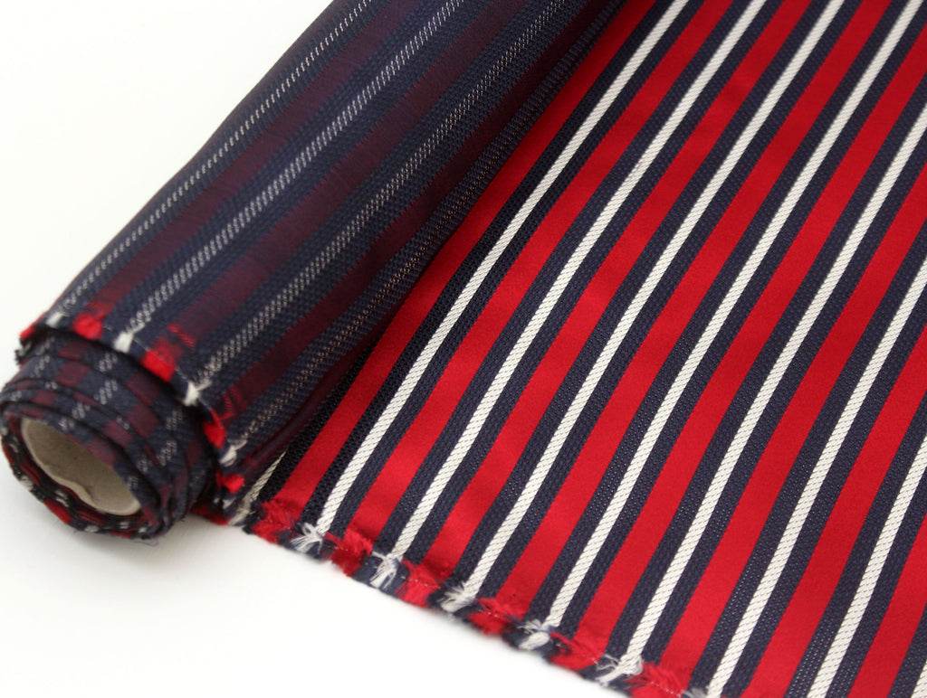 Navy Red White Stripe Silk Fabric