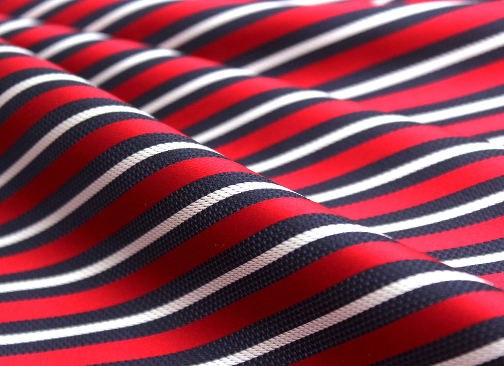 Navy Red White Stripe Silk Fabric