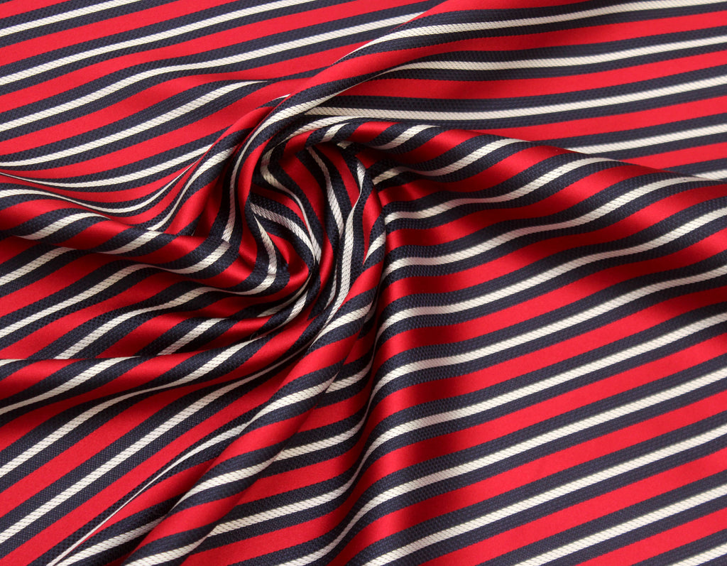 Navy Red White Stripe Silk Fabric