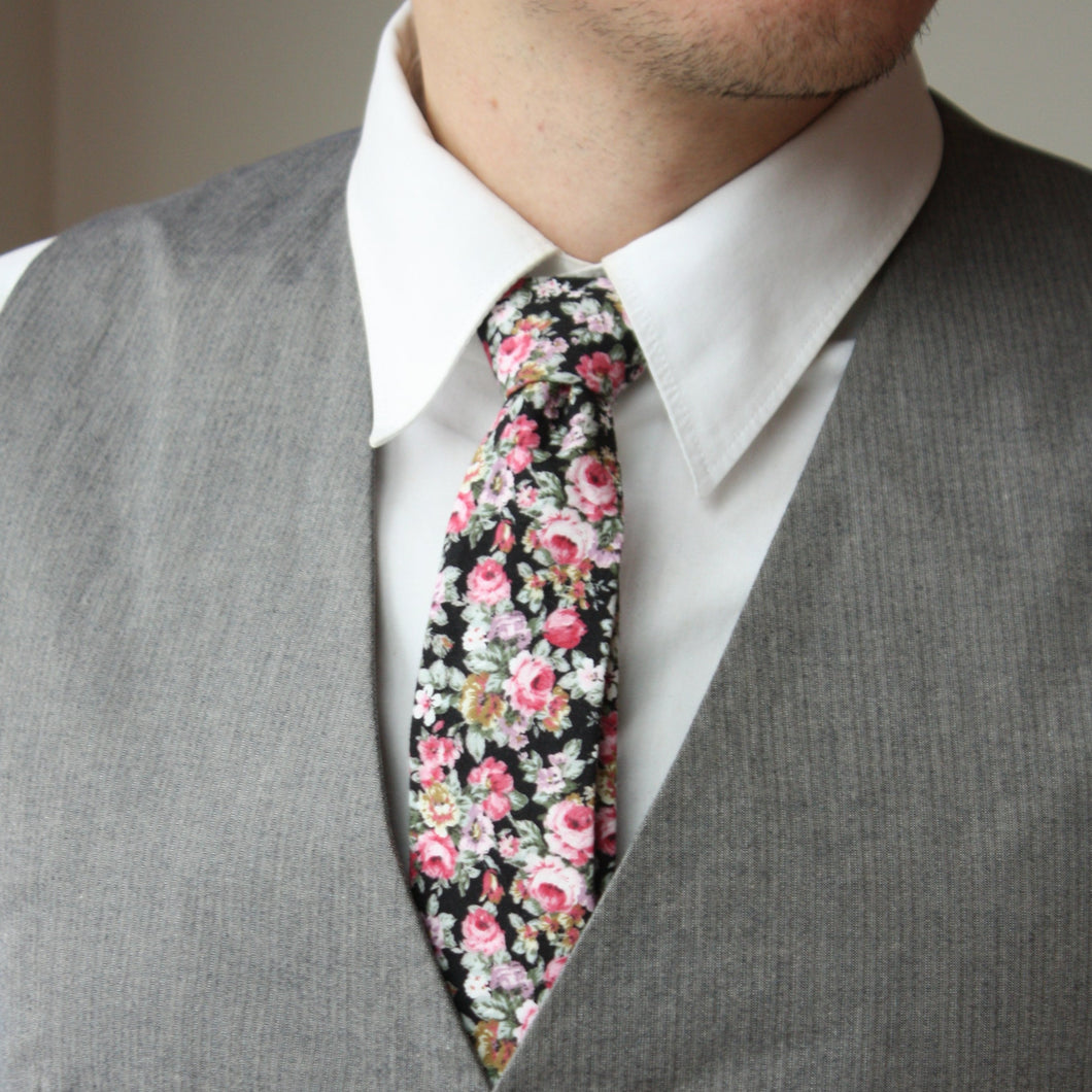 Black Pink Floral Necktie