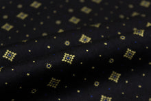Load image into Gallery viewer, Gold Ornament Blue polka Dot on Black Silk Fabric
