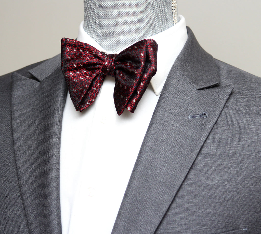 Maroon Red Silk Large Butterfly Self-Tie Bow Tie with grey jacket