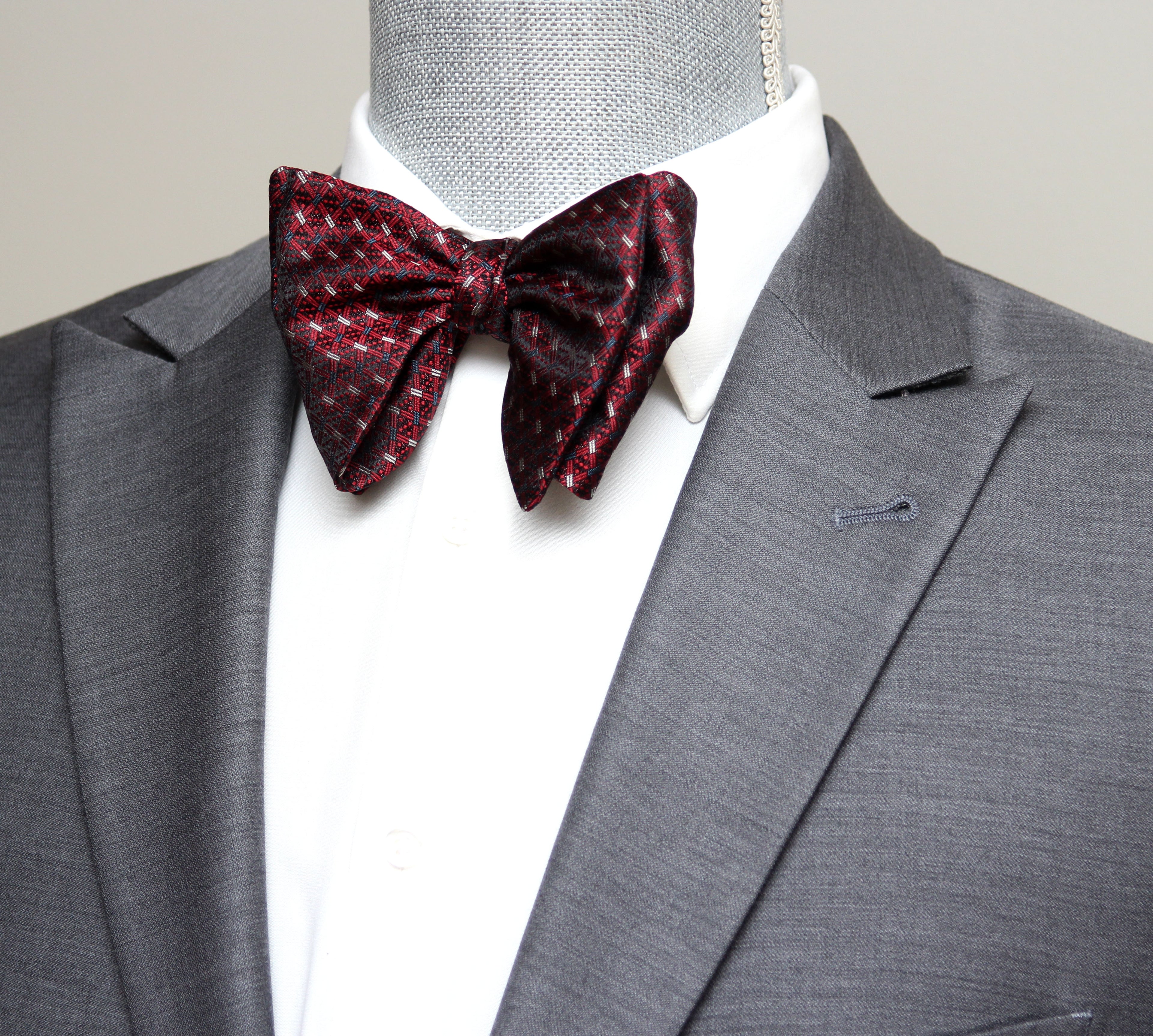 Maroon Red Silk Large Butterfly Self-Tie Bow Tie with grey jacket
