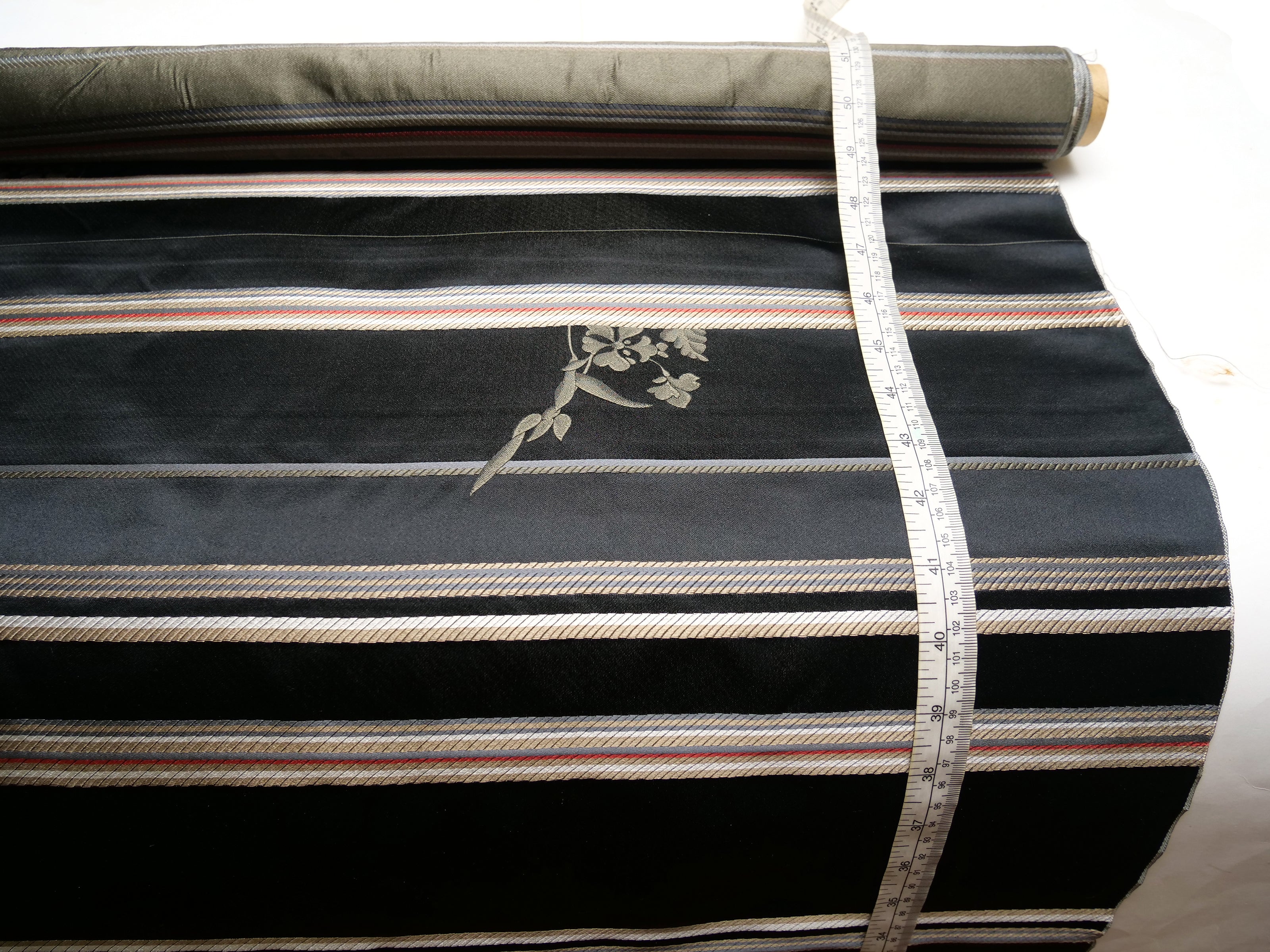 Black Stripe Flower Embroidery Silk Fabric