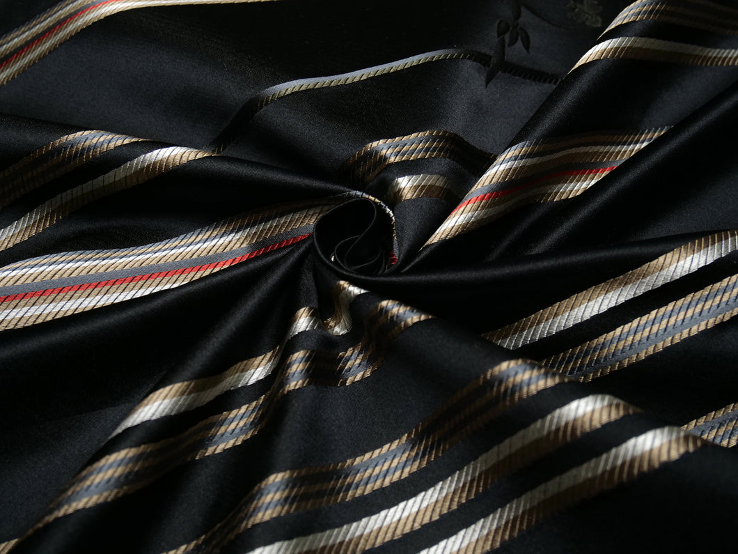 Black Stripe Flower Embroidery Silk Fabric