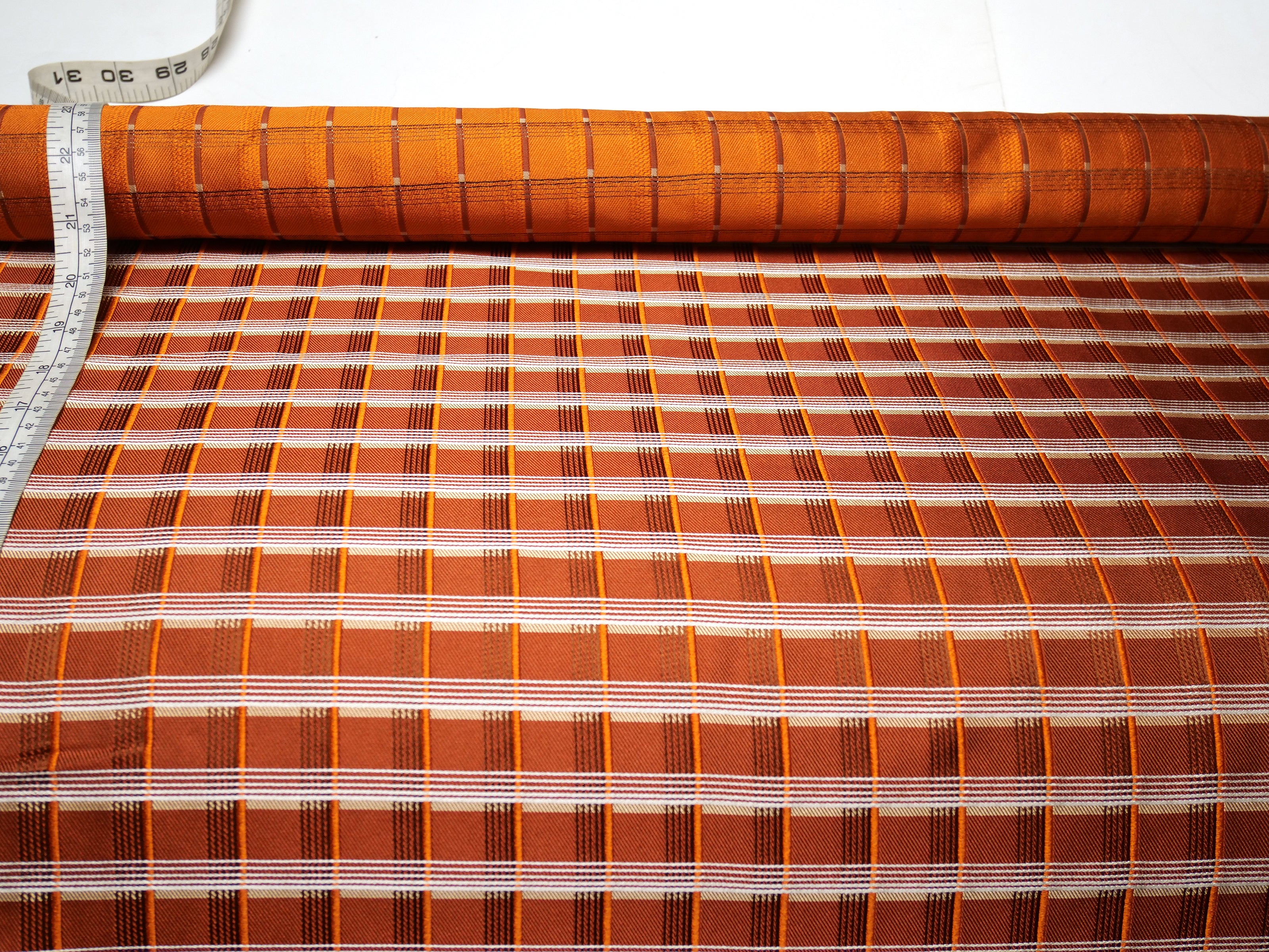Orange White Plaid Silk Fabric