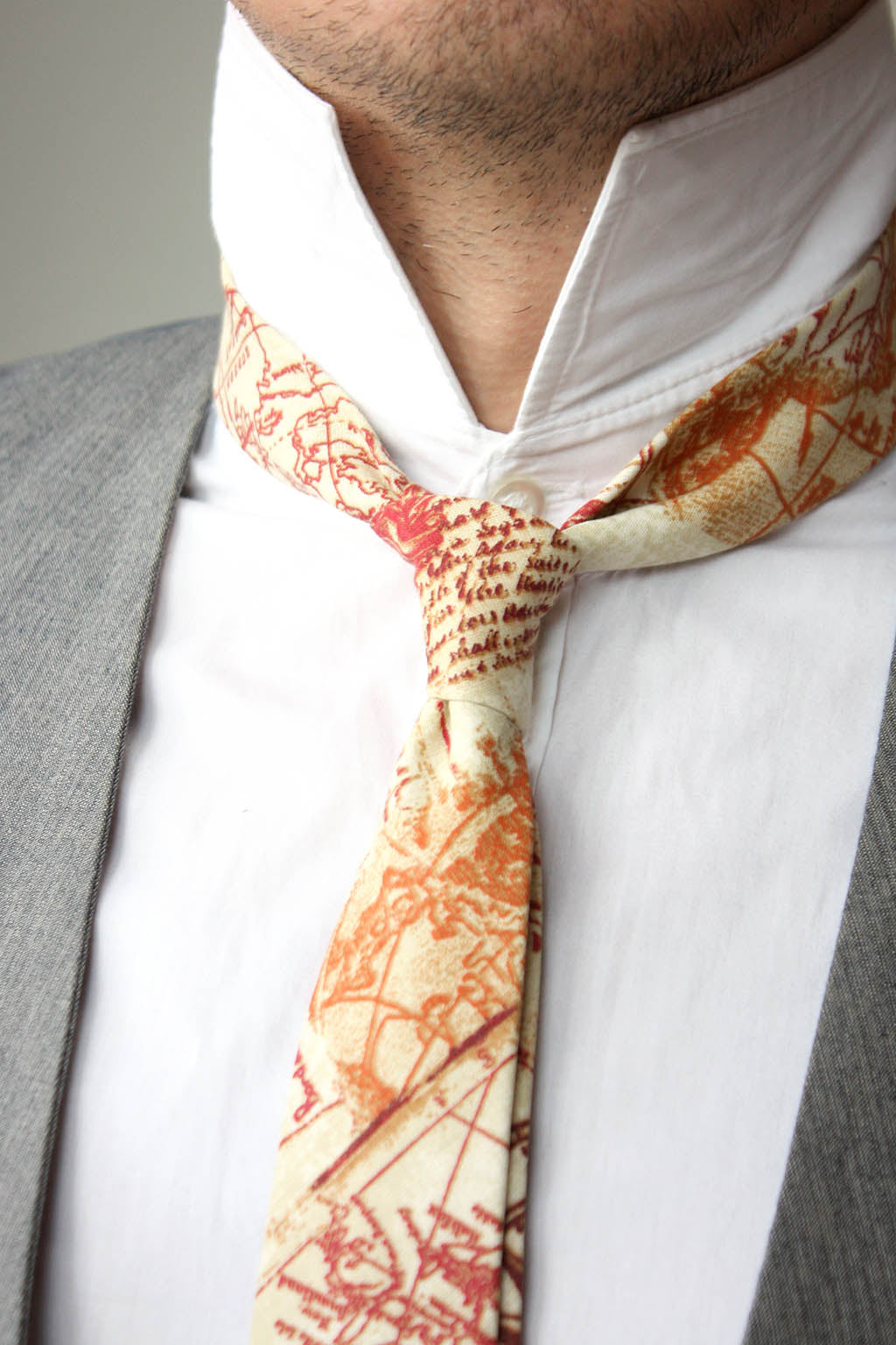 Vintage Red brown Map print necktie