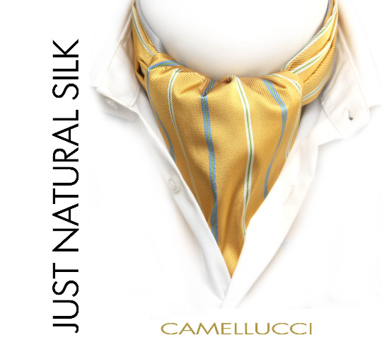 Yellow Stripe Solid Grey Reversible Woven Silk Ascot
