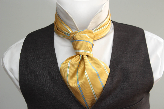 Yellow Stripe Solid Grey Reversible Woven Silk Ascot