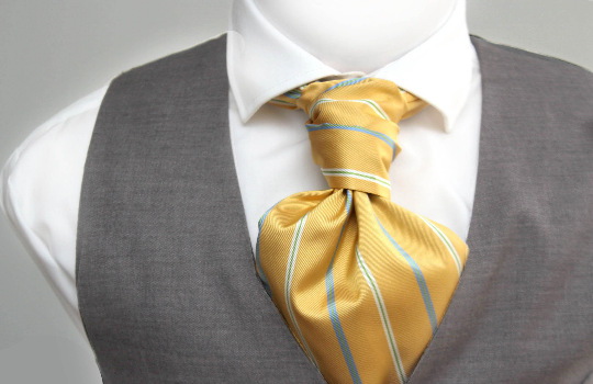 Yellow Stripe Solid Grey Reversible Woven Silk Ascot