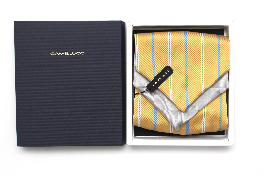 Yellow Stripe Solid Grey Reversible Woven Silk Ascot