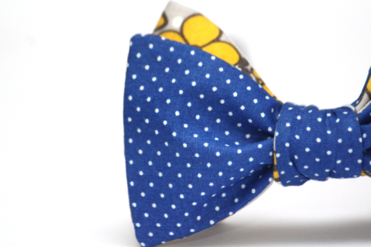 Blue Polka Dot Yellow Floral Reversible Self-Tie Bow Tie