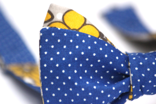 Blue Polka Dot Yellow Floral Reversible Self-Tie Bow Tie