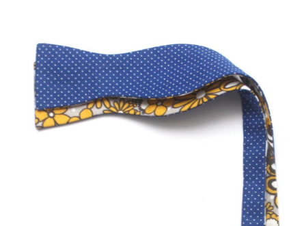Blue Polka Dot Yellow Floral Reversible Self-Tie Bow Tie