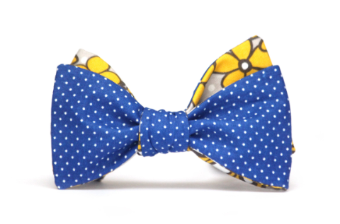 Blue Polka Dot Yellow Floral Reversible Self-Tie Bow Tie