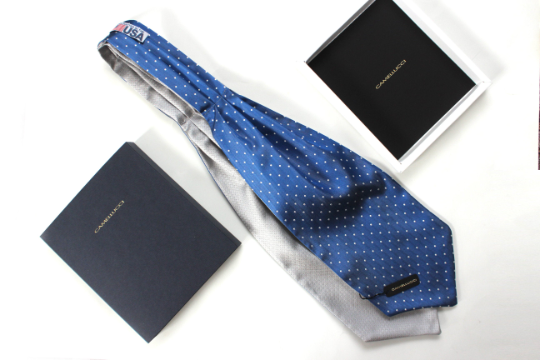 Grey Blue Polka Dot Reversible Silk Ascot