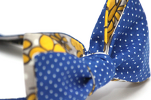 Load image into Gallery viewer, Blue Polka Dot Yellow Floral Reversible Self-Tie Bow Tie
